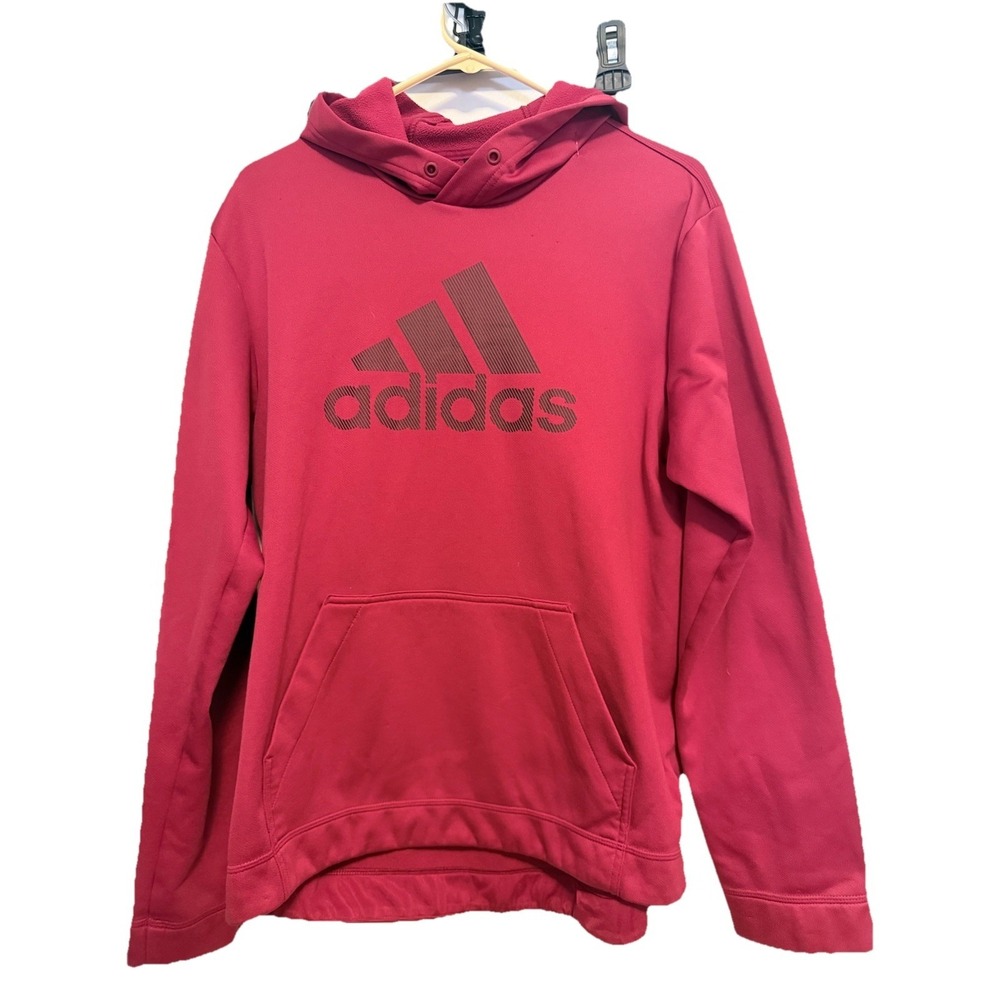 Adidas Hoodie Mens Medium Red Pullover Sweatshirt Athletic Logo Kangaroo Pocket‎